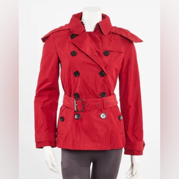 Burberry Balmoral Short Trench Coat Red Hooded Belted Jacket Us 14 Like New